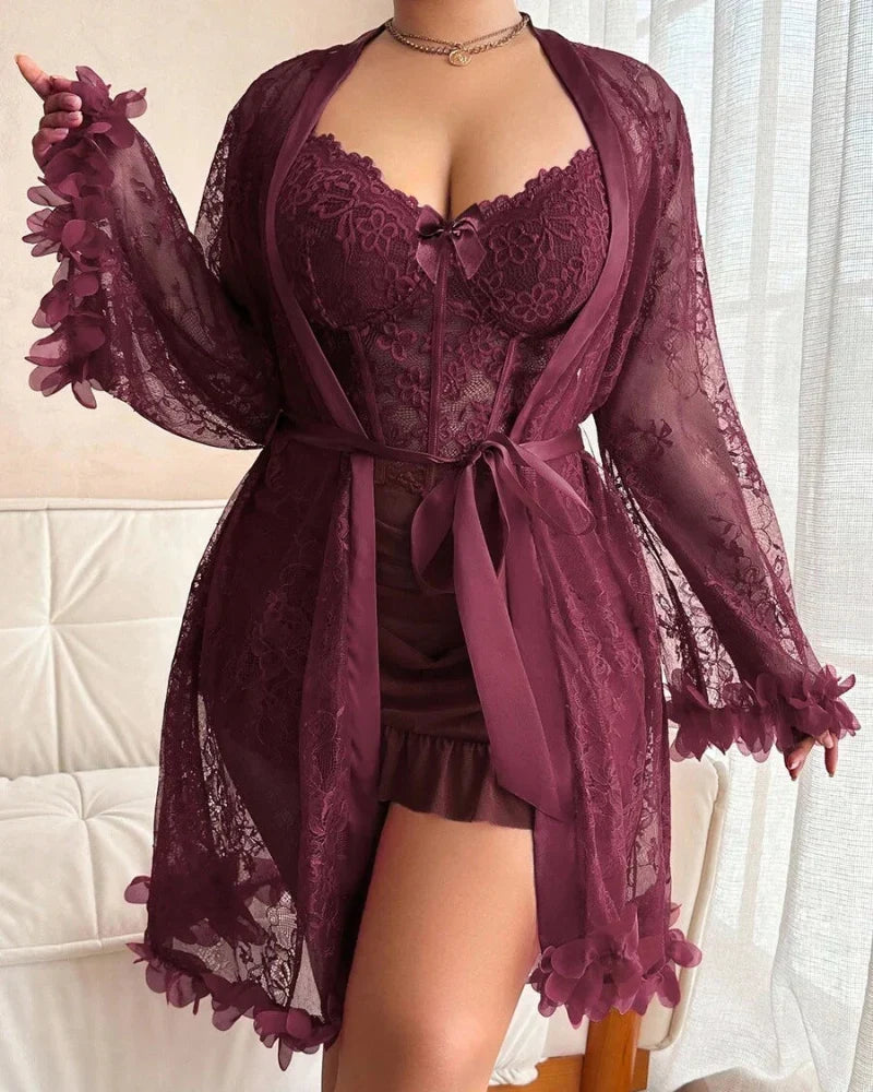 Plus size Lace Cami Nightgown & Floral Lace Trim Wide Sleeve Sheer Robe