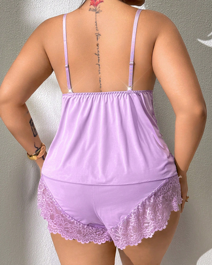 Plus Size Lace Satin Cami Pajama Set – Sexy Two-Piece Sleepwear for Women