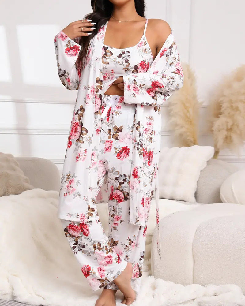 Comfy 3-Piece Pajama Set – Robe, Camisole & Long Pants