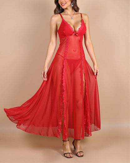Sexy Sheer Backless Long Nightdress Set with Side Slit & Panty