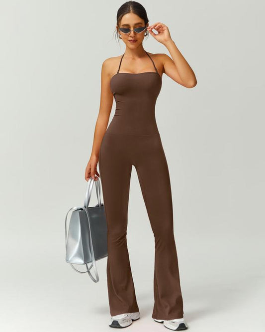 Women’s Halter Neck Bodycon Flare Jumpsuit – Stretchy, Butt-Lifting Activewear