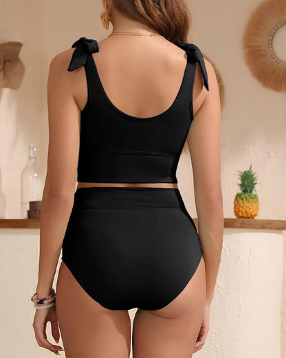 Double Tie Shoulder High Waist Tummy Control Bikini Set