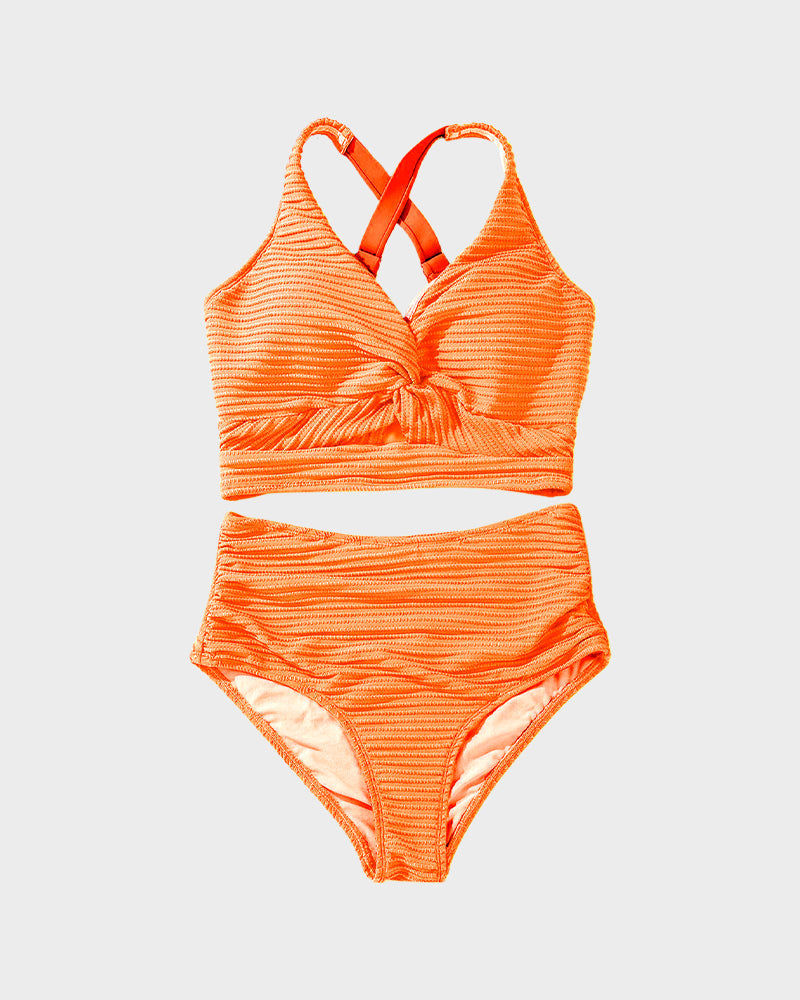 Textured Knot-Front High-Waisted Bikini Set