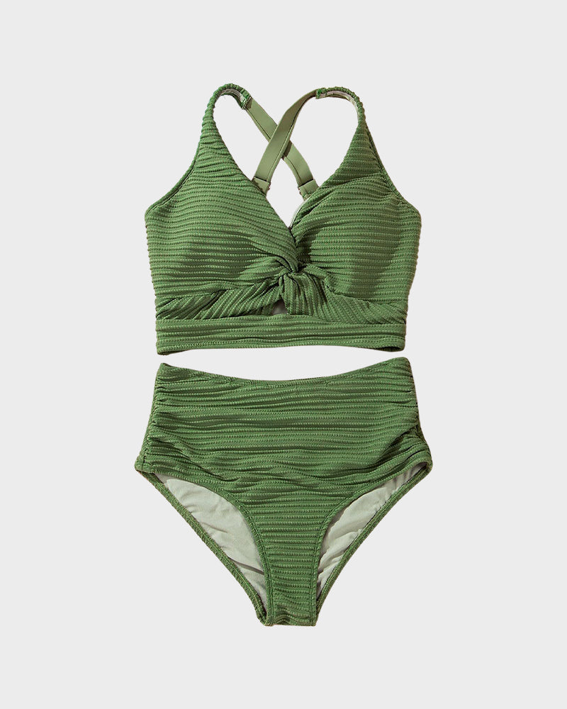 Textured Knot-Front High-Waisted Bikini Set